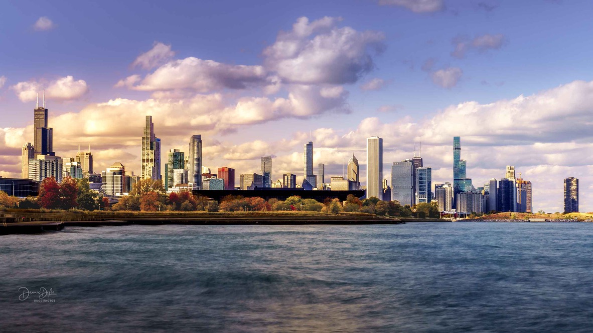 Chicago skyline in autumn from 31st Street Beach