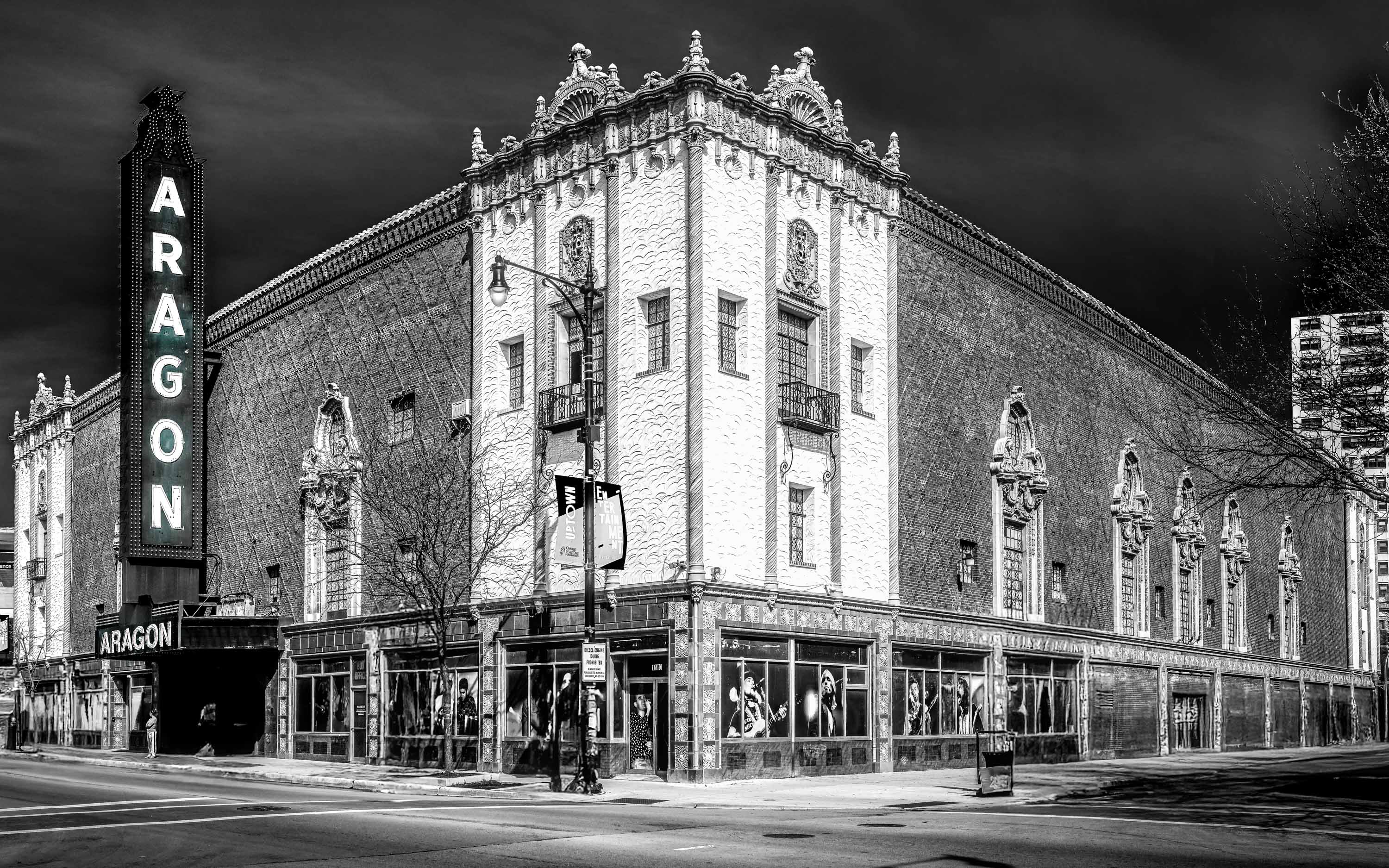 Aragon Ballroom facade, Uptown Chicago, black and white
