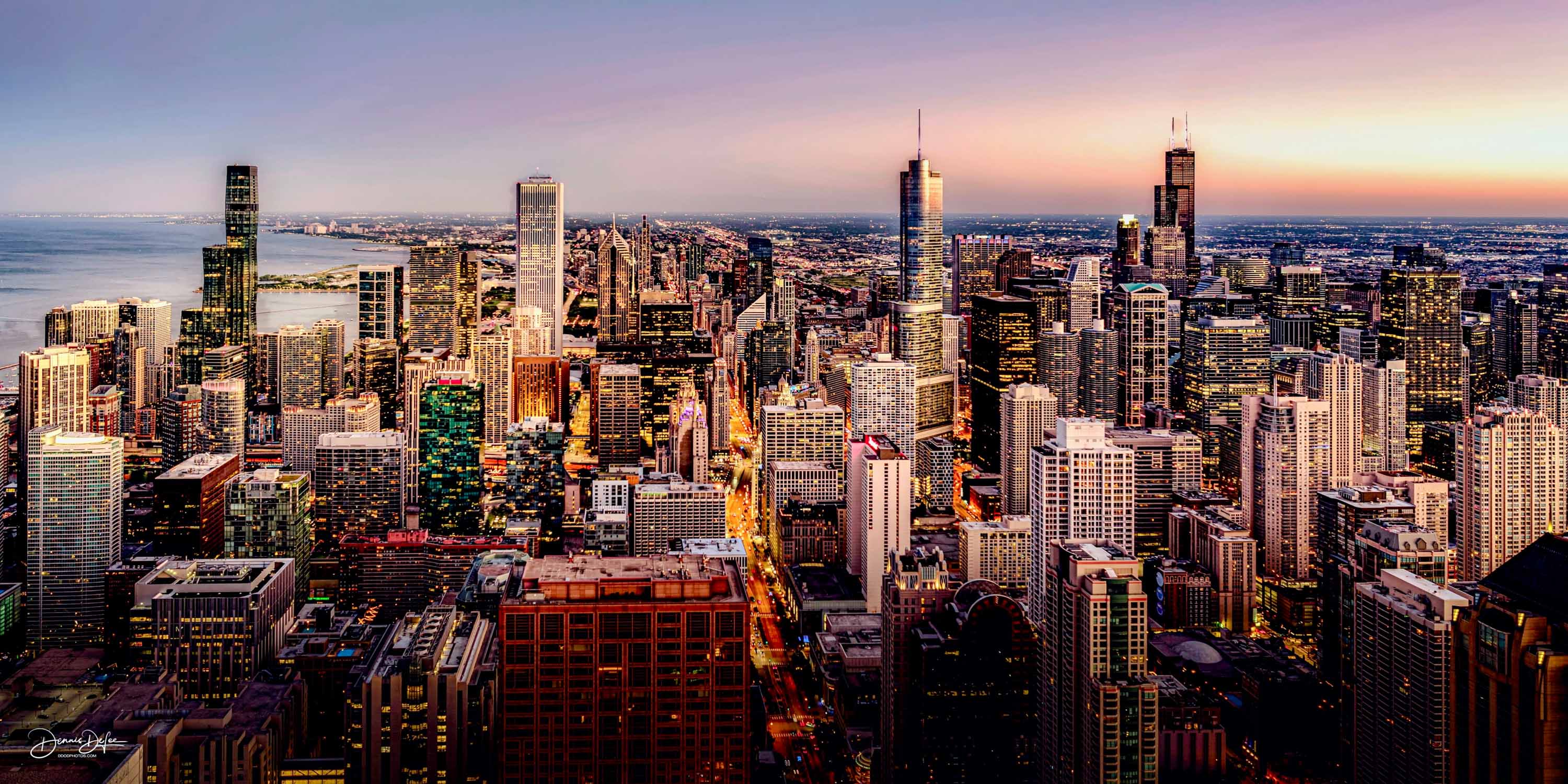 Sunset view of the Chicago skyline from the Hancock Tower