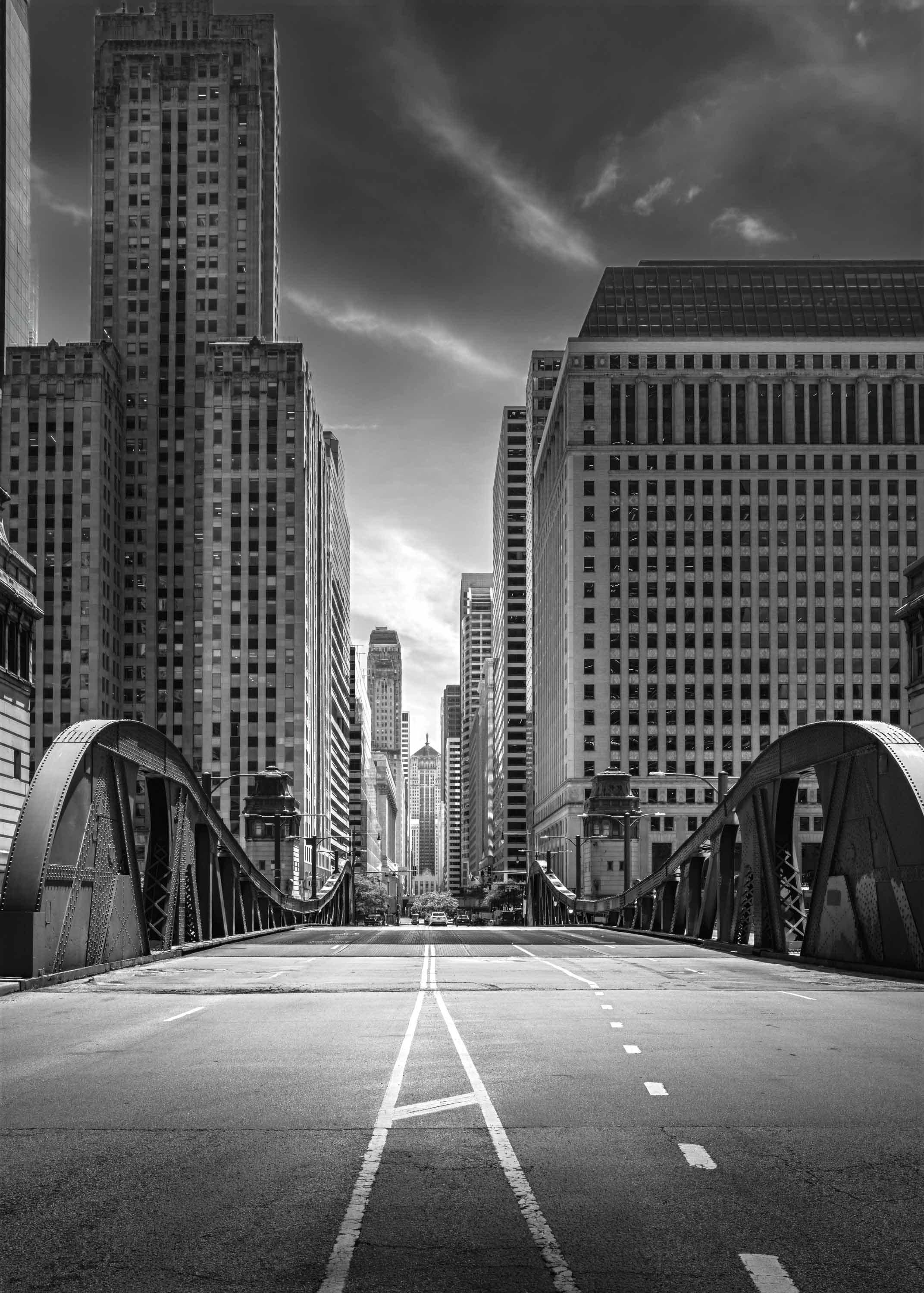 LaSalle Street canyon, Chicago financial district, black and white