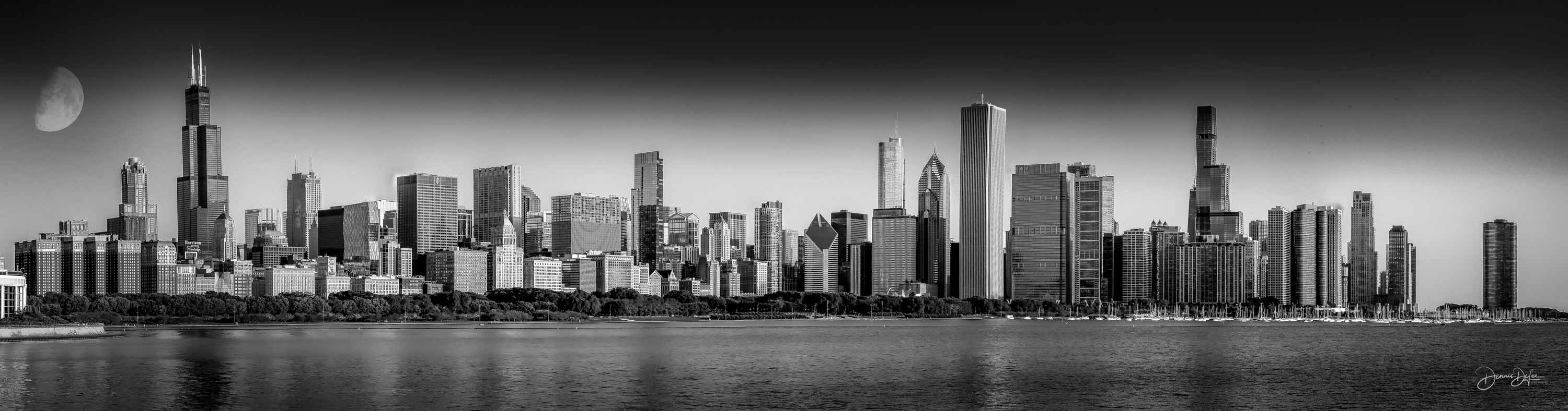 Moon over Lake Michigan and the Chicago skyline, panorama