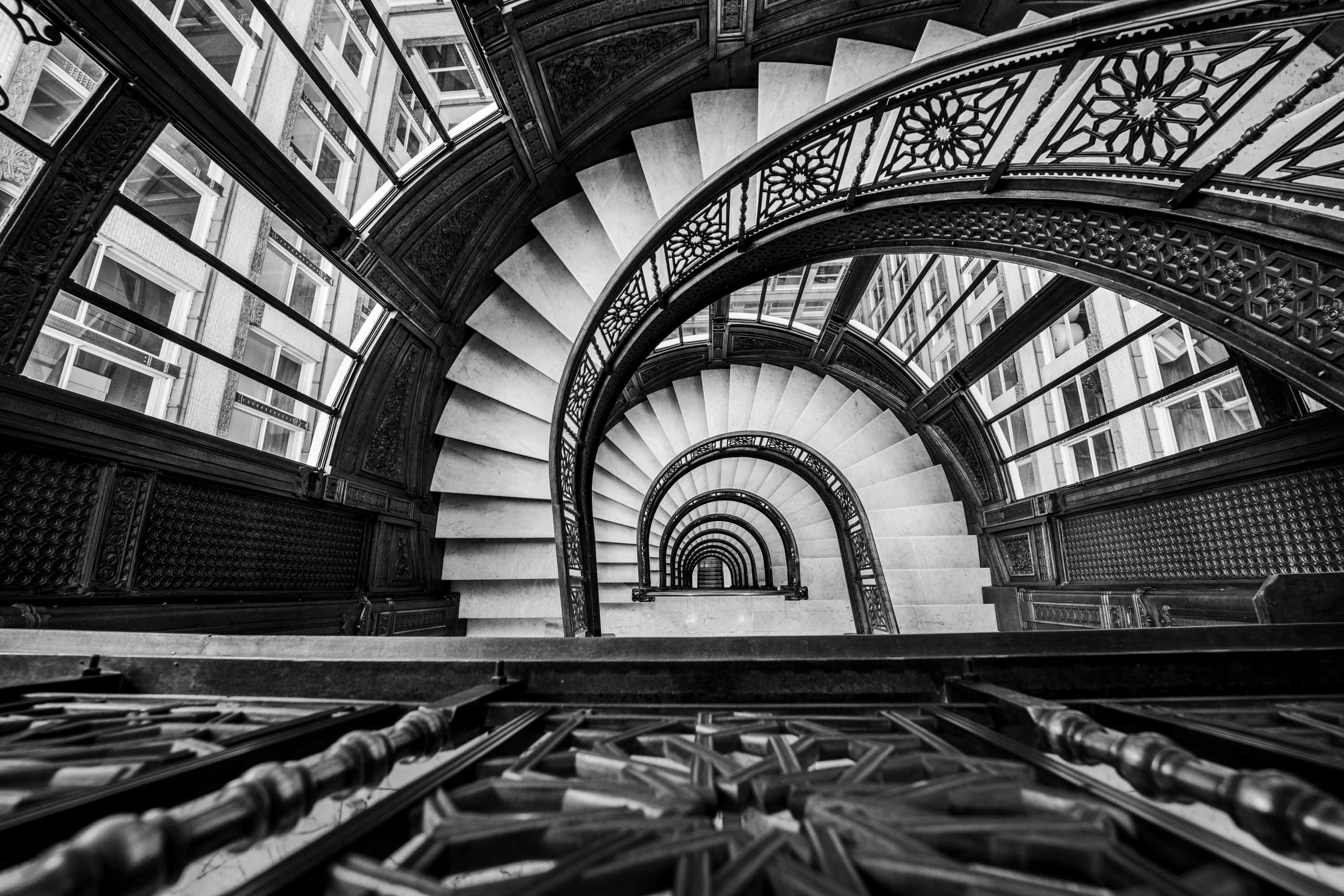 Looking down the Rookery oriel staircase, infinite spiral