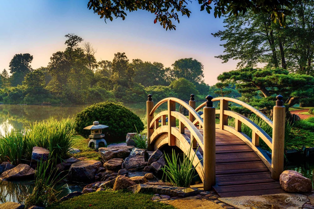 Wooden bridge at the Osaka Garden, Jackson Park, Chicago at sunrise