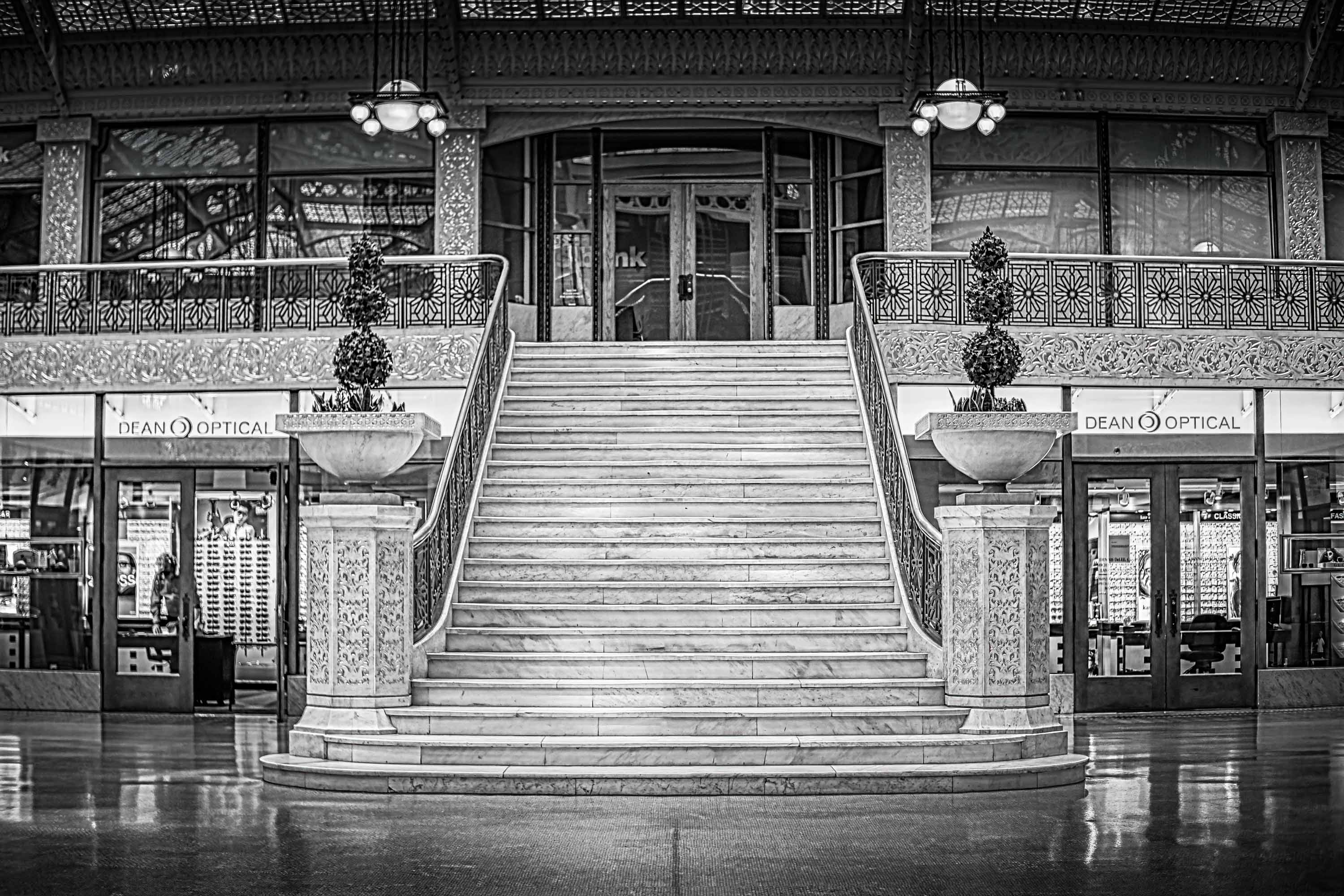 The Rookery grand staircase, black and white