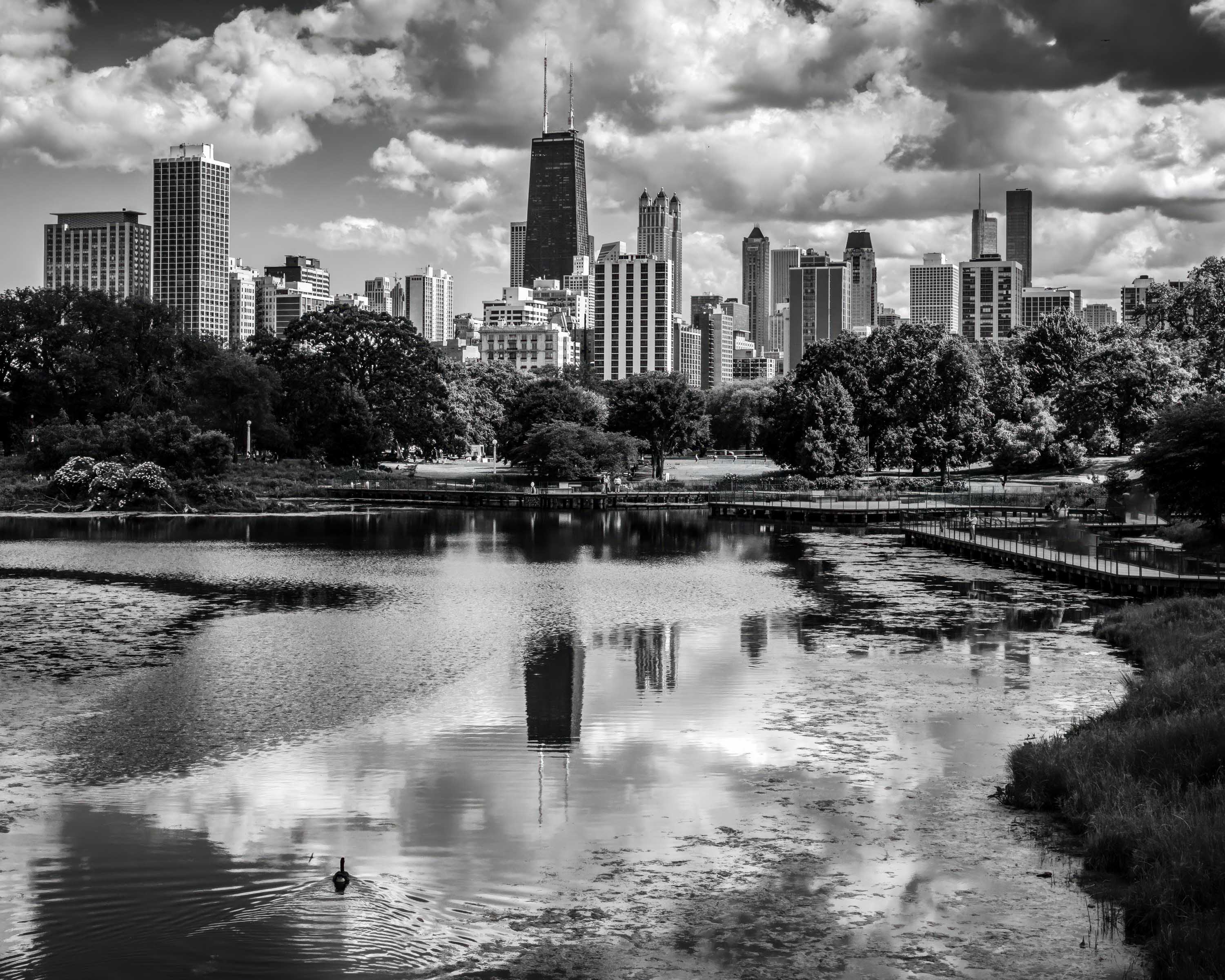 South Pond, Lincoln Park, Chicago skyline reflected in the lagoon, black and white