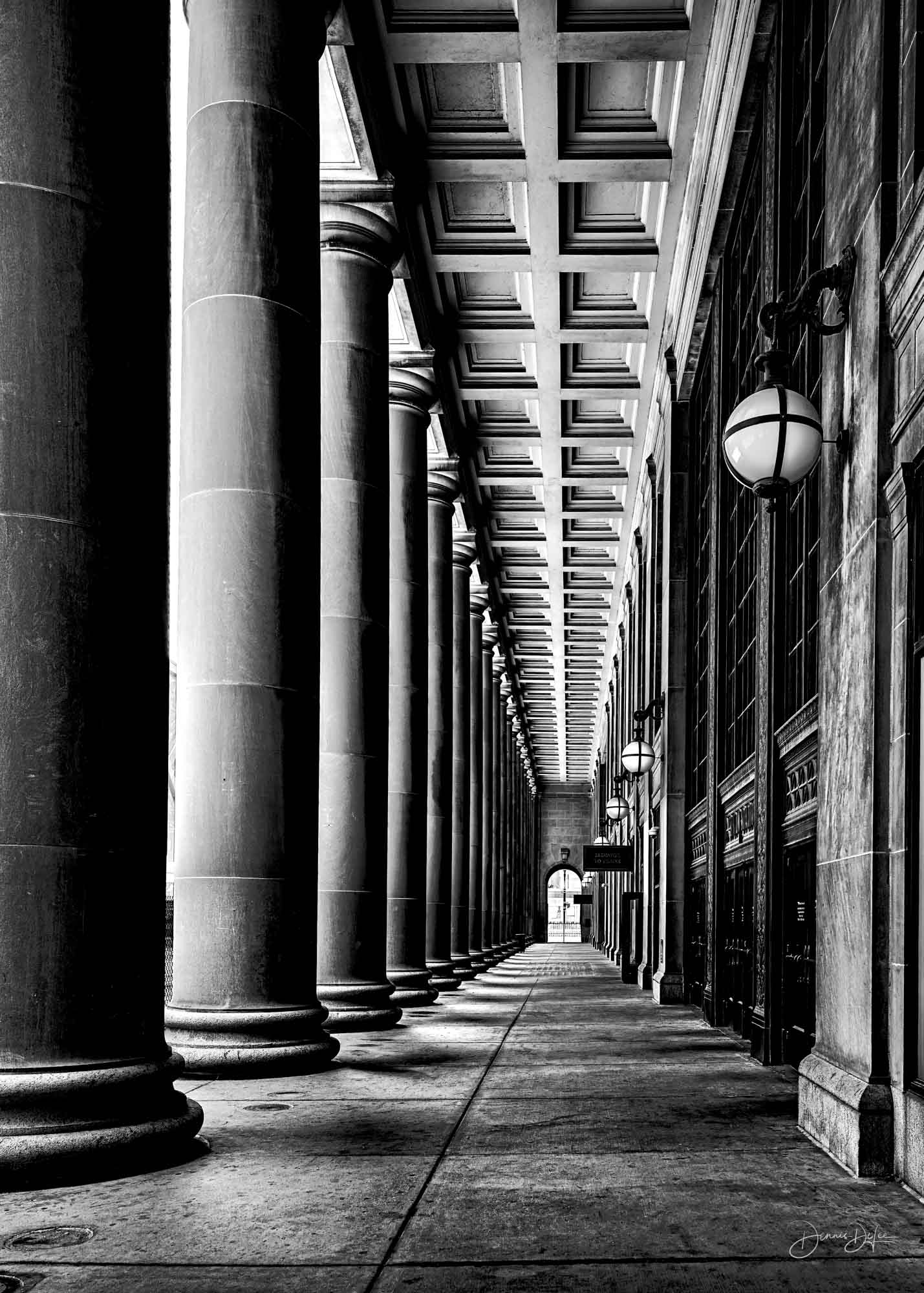 Union Station colonnade, black and white