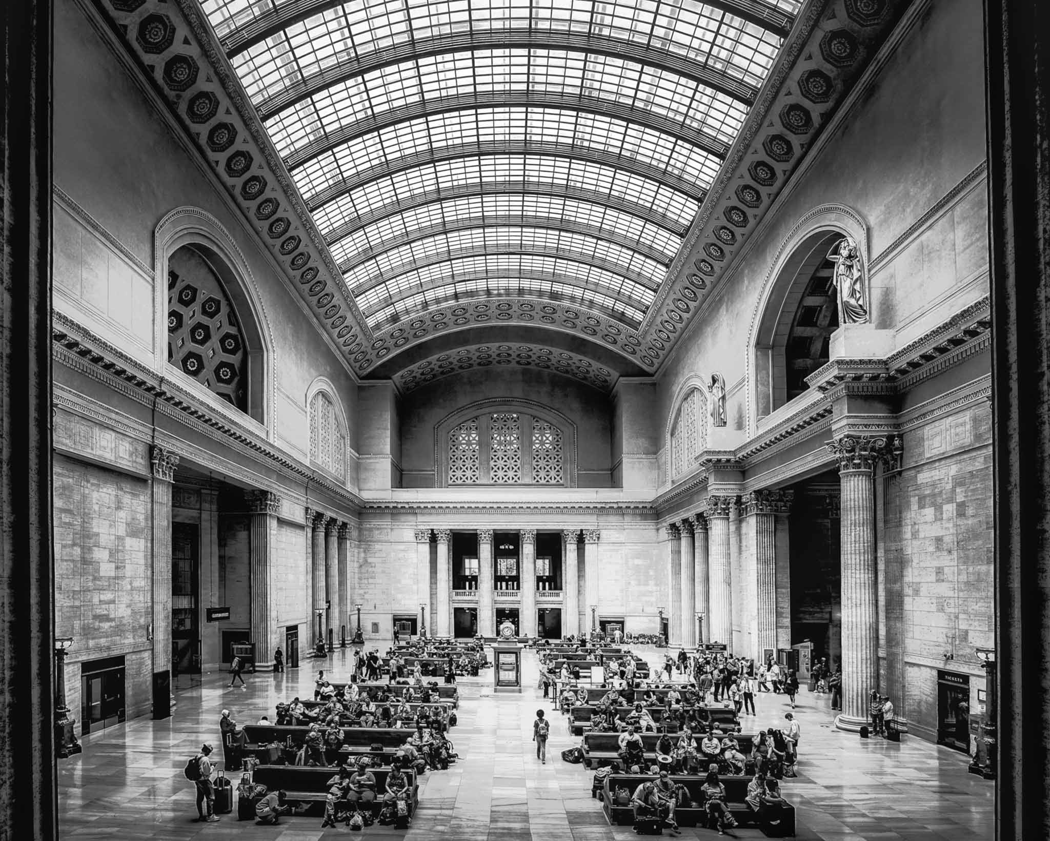 Union Station Great Hall interior, black and white