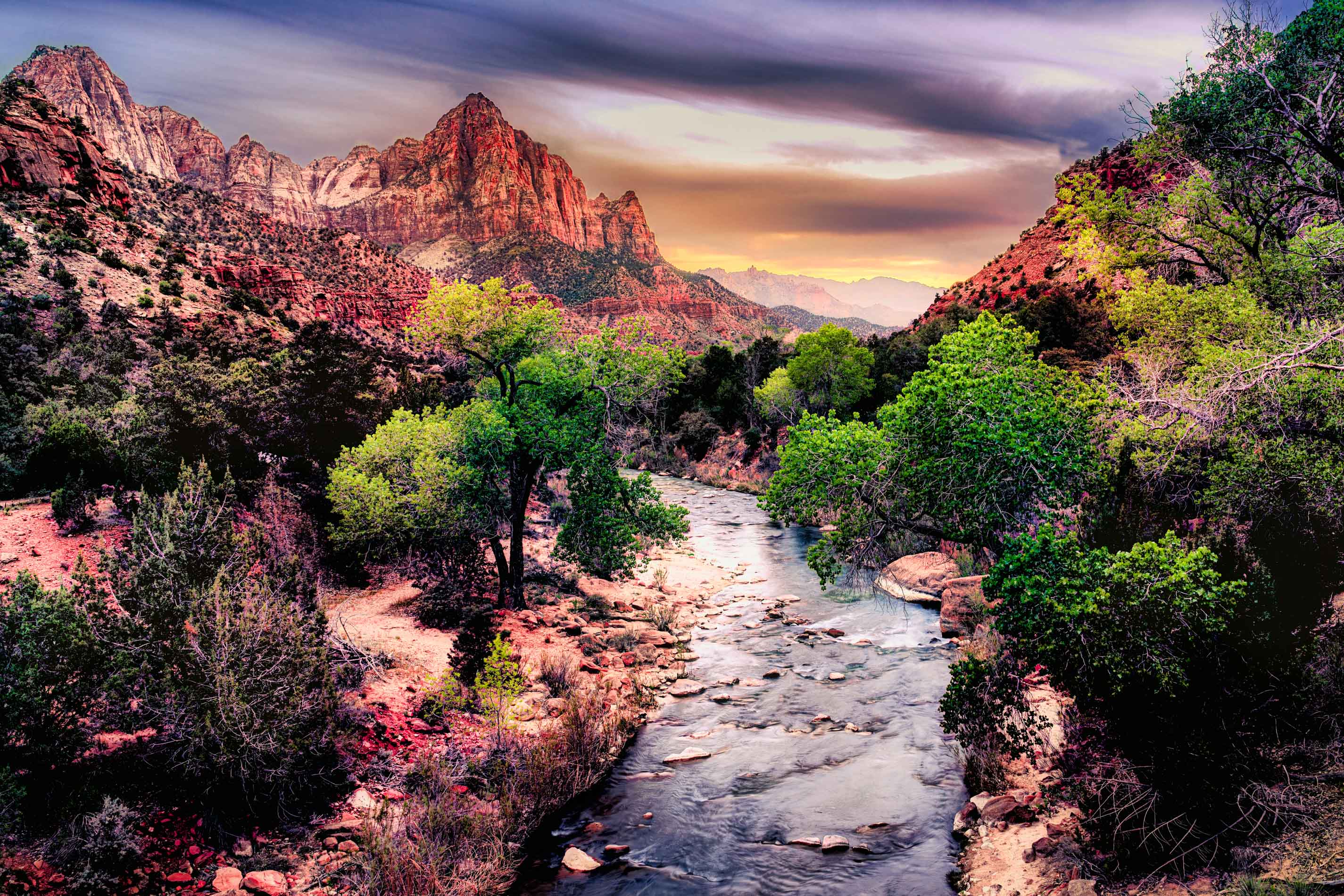 The Watchman at sunset over the Virgin River, Zion