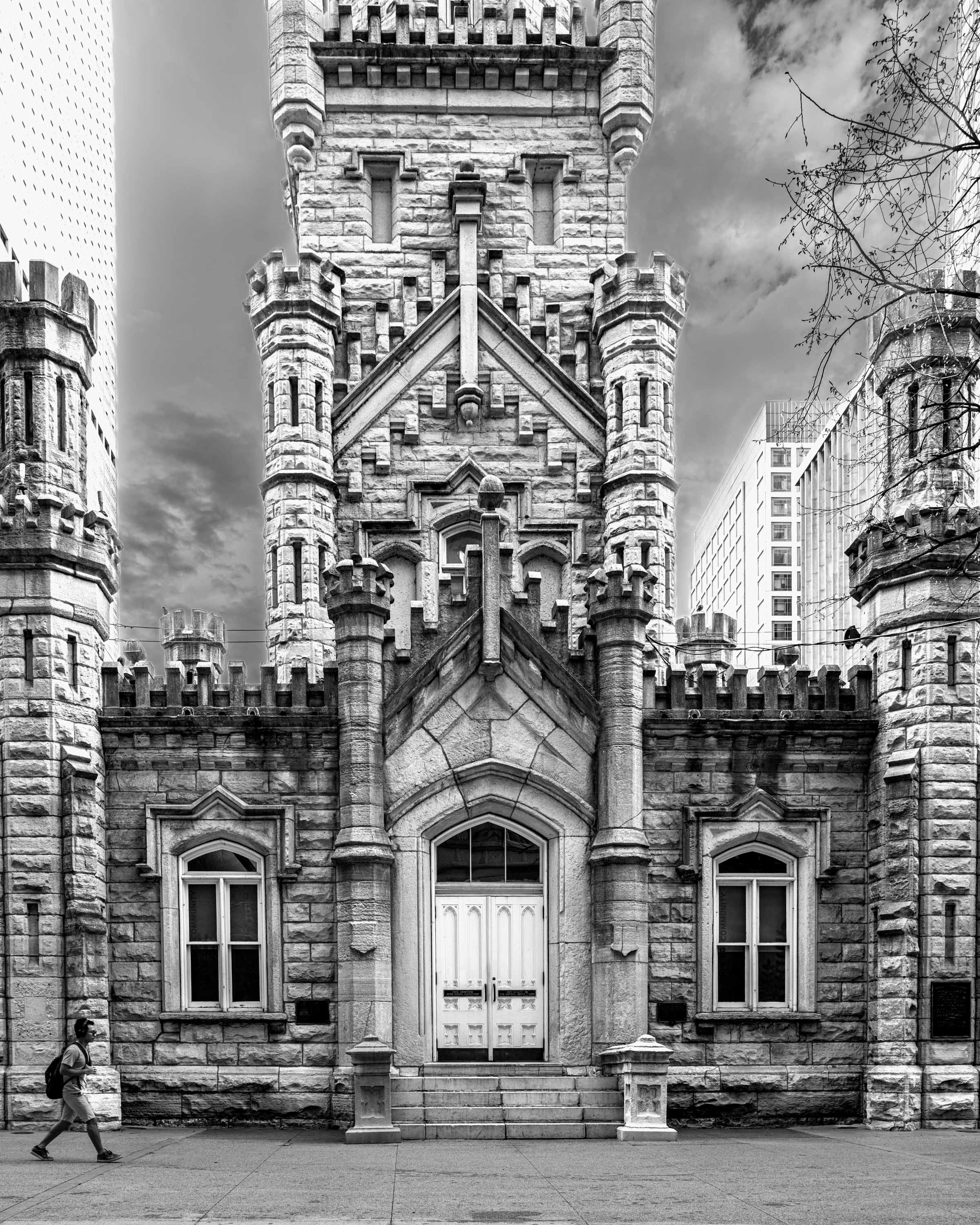 Chicago Water Tower, Michigan Avenue, Gothic Revival landmark, black and white